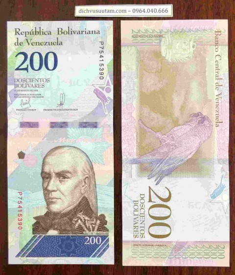 Tiền lạm phát Venezuela 200 Bolivares con vẹt