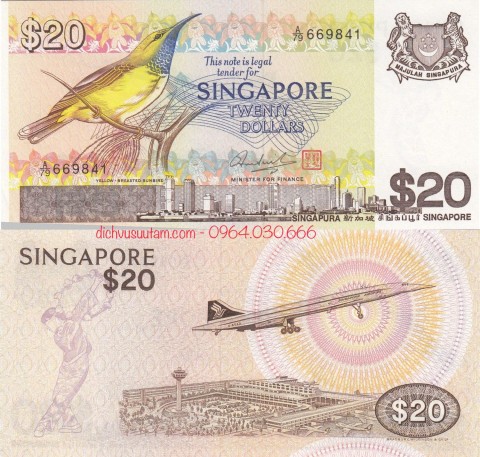 Tiền xưa Singapore 20 dollars Chim Vàng anh 1979