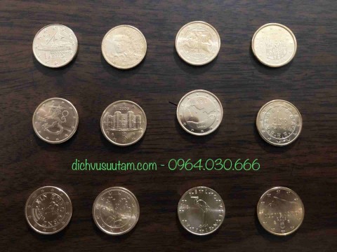 Bộ xu Euro 1 cent 12 quốc gia khác nhau, xu mới cứng chưa qua sử dụng