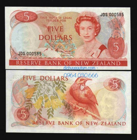 Tiền xưa New Zealand 5 dollars Nữ hoàng Elizabeth II 1985