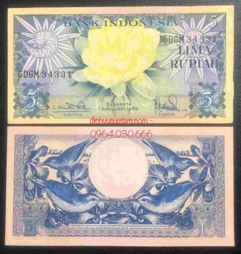 Tiền xưa Indonesia 5 rupiah 1959 con chim