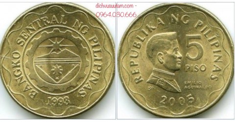 Đồng xu Philippines 5 Pesos vàng 27mm