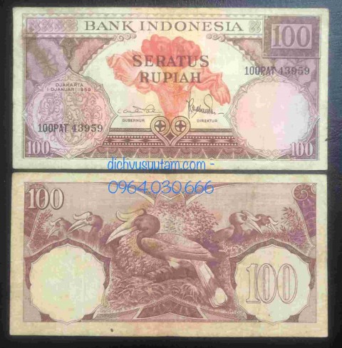 Tiền xưa Indonesia 100 rupiah 1959 con chim