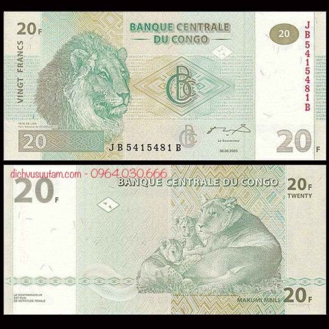 Tiền Congo 20 Francs con sư tử