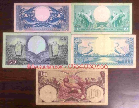Bộ 5 tờ tiền cổ 1959 in hình chim của Indonesia