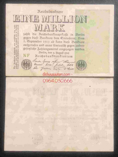 Tiền cổ Đức lạm phát 1 triệu mark 1923, in 1 mặt duy nhất