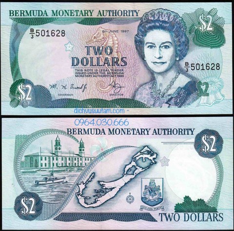 Tiền xưa Bermuda 2 dollars Nữ hoàng Elizabeth II 1997