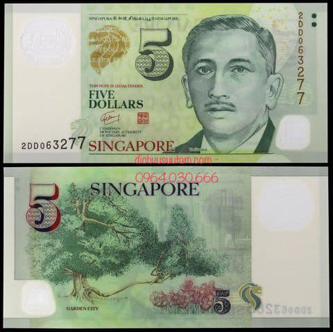 Tiền Singapore 5 dollars polymer