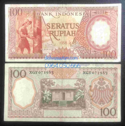 Tiền xưa Indonesia 100 rupiah 1958 công nhân cạo mủ cao su