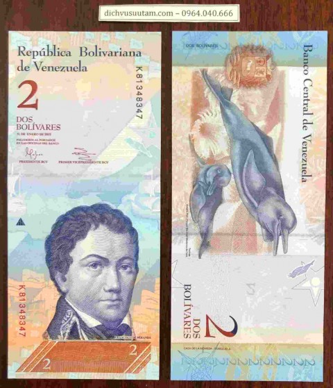 Tiền lạm phát Venezuela 2 Bolivares con cá heo
