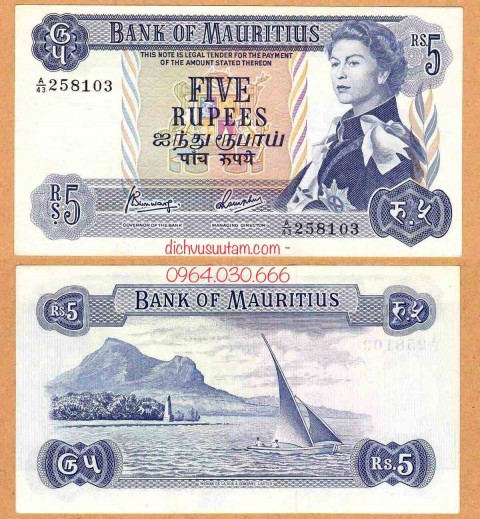 Tiền xưa Mauritius 5 rupees Nữ hoàng Elizabeth II