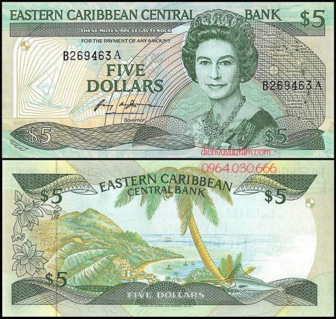 Tiền xưa Đông Caribbean 5 dollars Nữ hoàng Elizabeth II