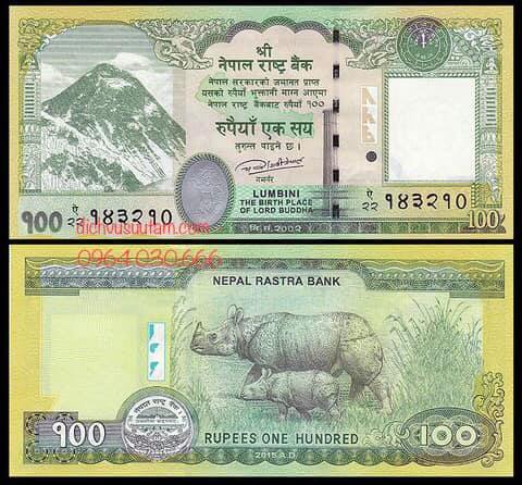 Tiền Nepal 100 rupees con tê giác