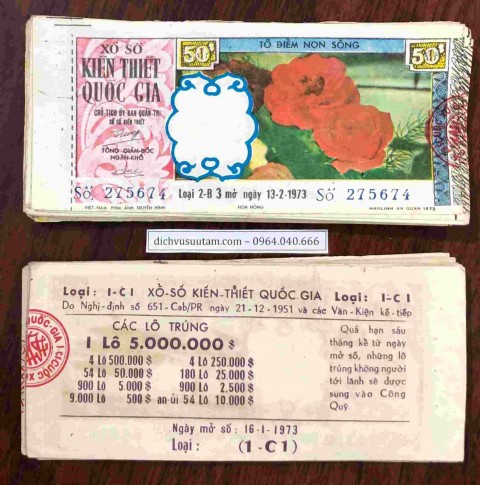 Tờ vé số Việt Nam Cộng Hòa 1973