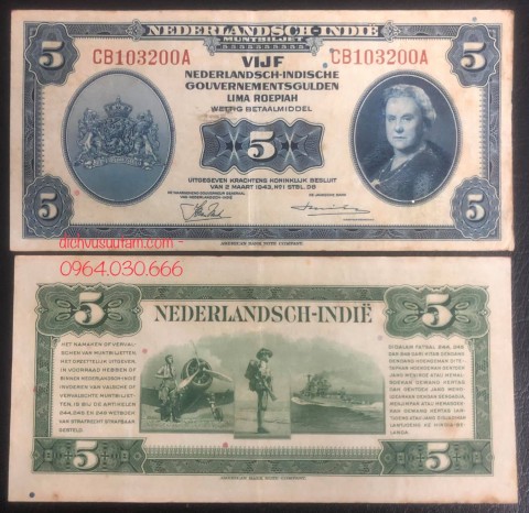 Tiền xưa Đông Ấn Hà Lan 5 gulden 1943, tiêu ở thuộc địa Đông Ấn, nay là Indonesia