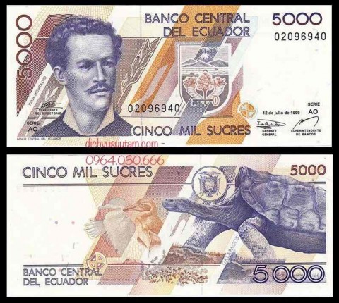 Tiền Ecuador 5000 Sucres con rùa