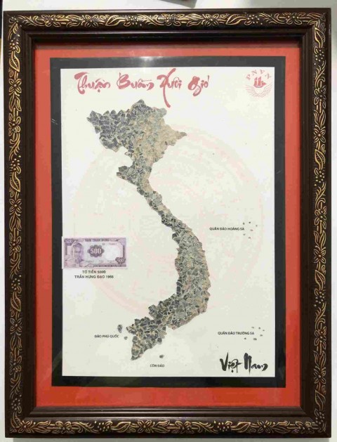 [Bản đồ VN] THUẬN BUỒM XUÔI GIÓ ghép thủ công từ tờ tiền 500 đồng Trần Hưng Đạo 1966