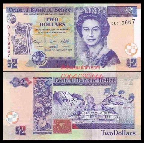 Tiền Belize 2 dollars Nữ hoàng Elizabeth II