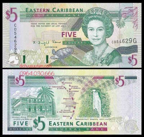 Tiền Đông Caribe 5 dollars Nữ hoàng Elizabeth II