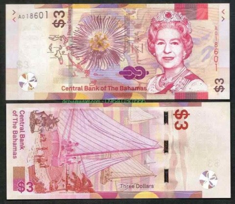 Tờ 3 dollars của đảo quốc Bahamas Nữ hoàng Elizabeth II