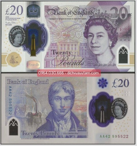 Tiền Vương quốc Anh 20 bảng polymer nữ hoàng Elizabeth