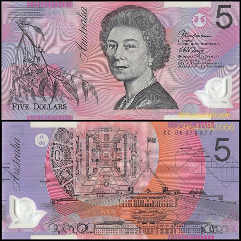 Tiền Australia 5 dollars polymer Nữ hoàng Elizabeth II