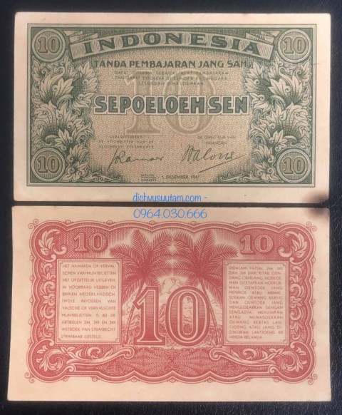 Tiền xưa Indonesia 10 sen rupiah 1947, 1 trong những tờ tiền đầu tiên của đất nước sau độc lập