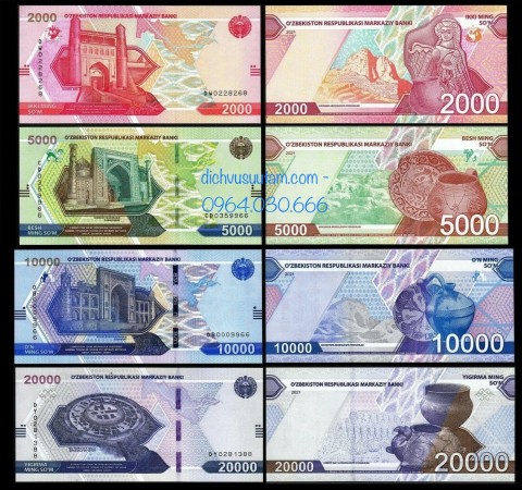 Bộ tiền Uzbekistan 4 tờ mới phát hành 2021