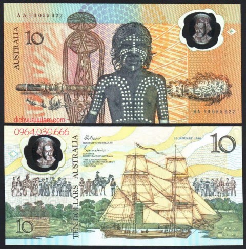 Tiền Australia 10 dollars polymer 1988, kỷ niệm 200 năm quốc khánh và 200 năm nước Anh tìm ra lục địa Úc