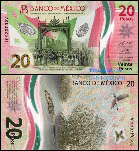 Tiền Mexico 20 pesos polymer mới phát hành 2021