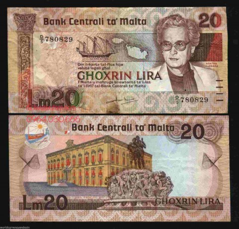 Tiền xưa Cộng hòa Malta 20 lira