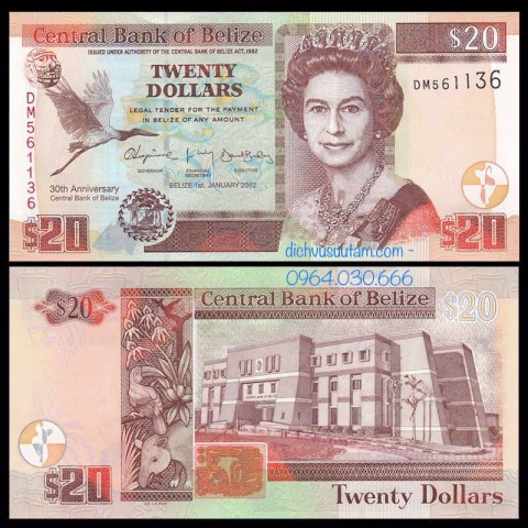 Tiền Belize 20 dollars Nữ hoàng Elizabeth II