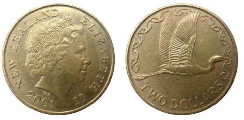 Đồng xu New Zealand 2 dollars  nữ hoàng Elizabeth II 26.5 mm