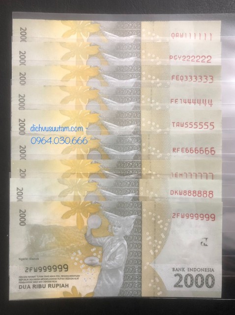Bộ 9 tờ tiền số đẹp solid 111111 - 999999 của Indonesia mệnh giá 2000 rupiah