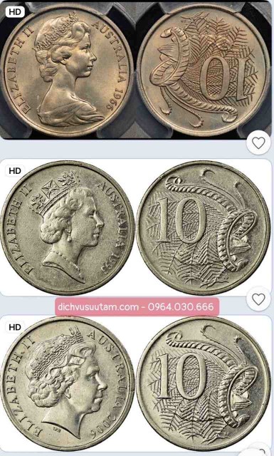 Xu Úc 10 Cent bộ 3 viên chân dung Nữ Hoàng Elizabeth II qua các thời kỳ