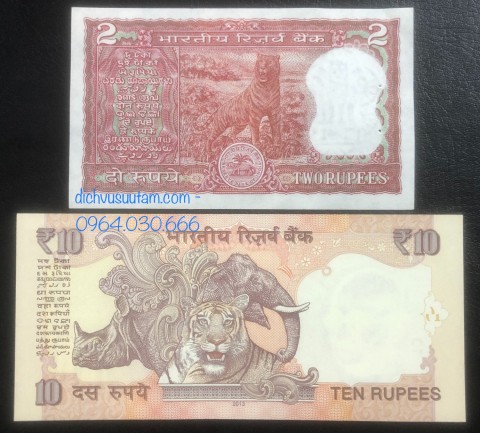 Tiền con Cọp Ấn Độ, combo 2 tờ mệnh giá 2 rupees và 10 rupees