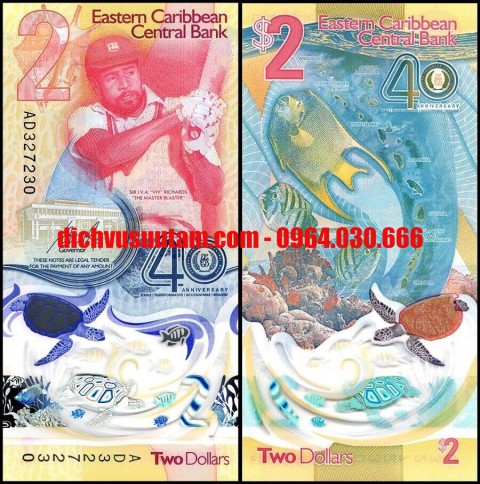 Tiền Đông Caribê 2 dollars kỷ niệm 40 năm thành lập ngân hàng