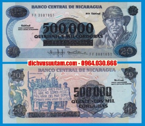 Tiền xưa Nicaragua 500000 cordobas in đè 20 cordobas