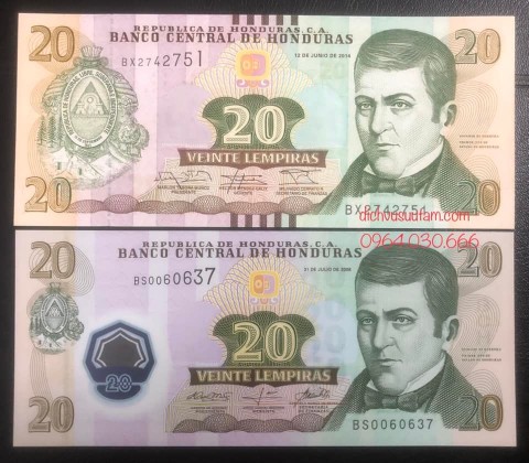Combo 2 tờ tiền Honduras 20 lempiras polymer và tiền giấy