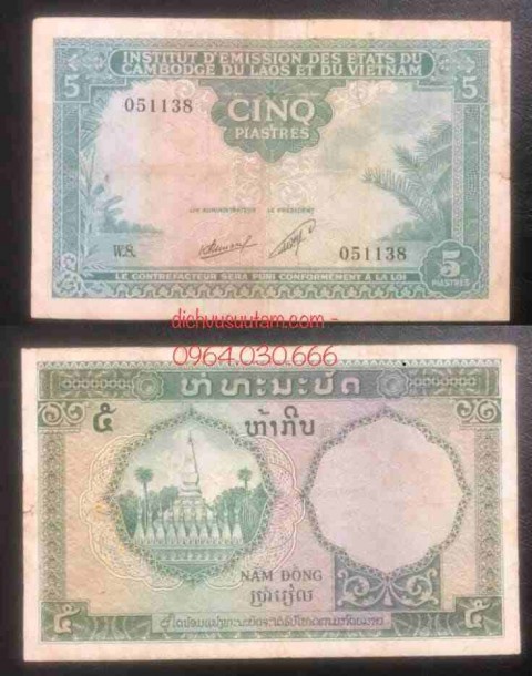 [Tiền Đông Dương] Tờ 5 đồng piastres Chùa Lào 1953