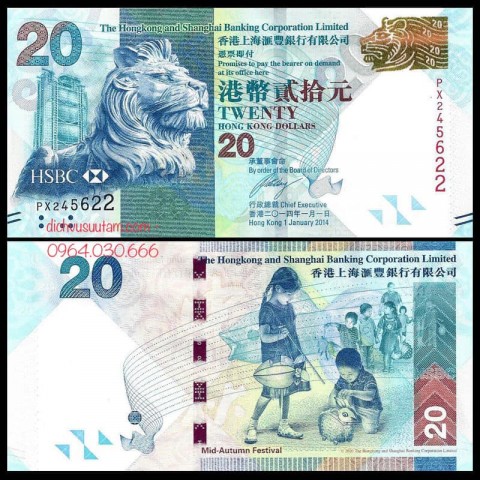 Tiền Hong Kong 20 dollars con Sư Tử