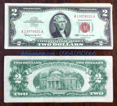 Tiền xưa Mỹ 2 dollars năm 1963 mộc đỏ