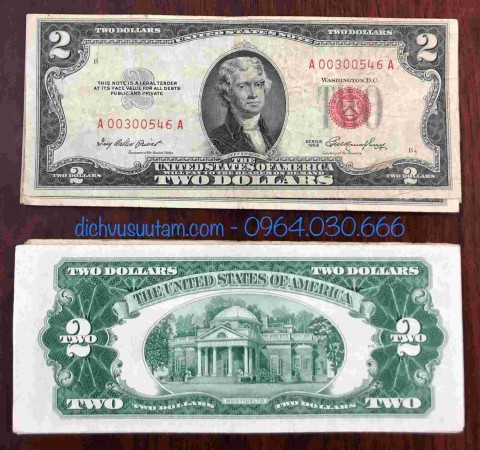 Tiền xưa Mỹ 2 dollars năm 1953 mộc đỏ