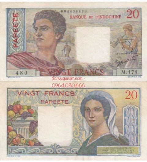 Tiền xưa Tahiti 20 francs Indochine, ngân hàng Đông Dương phát hành tại thuộc địa Pháp