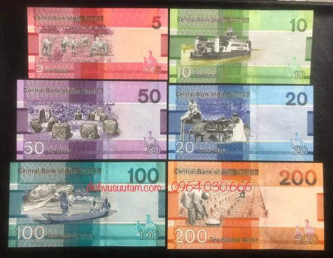 Bộ tiền mới nhất của Cộng hòa Gambia 6 tờ khác nhau sưu tầm