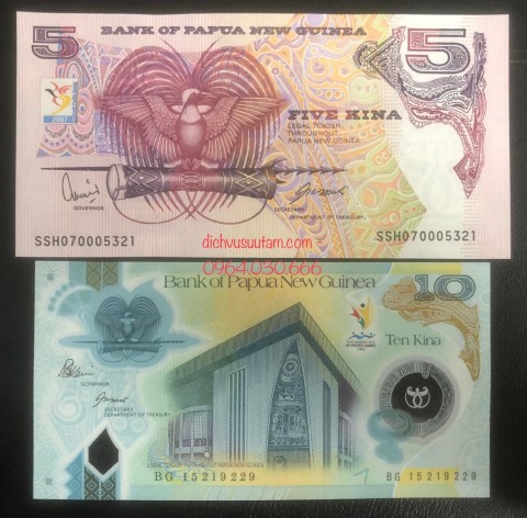 Combo 2 tờ tiền 5 kina cotton và 10 kina polymer Papua New Guinea kỷ niệm Thế vận Hội Nam Thái Bình Dương 2007 và Thế vận hội Thái Bình Dương 2015