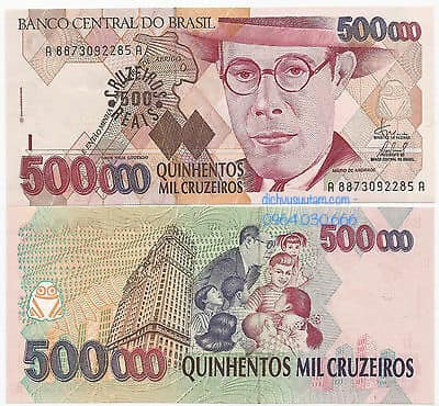 Tiền xưa Brazil 500.000 cruzeiros mệnh giá lớn nhất hiếm nhất bộ