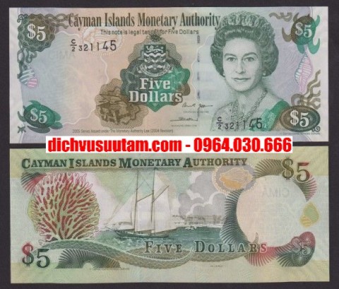 Tiền Cayman Islands 5 dollars nữ hoàng Elizabeth II