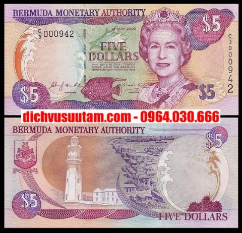 Tiền Bermuda 5 dollars nữ hoàng Elizabeth II