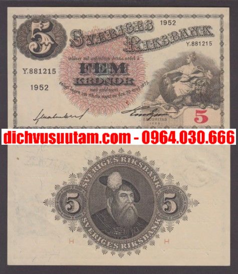 Tiền xưa Thụy Điển 5 kronor 1952